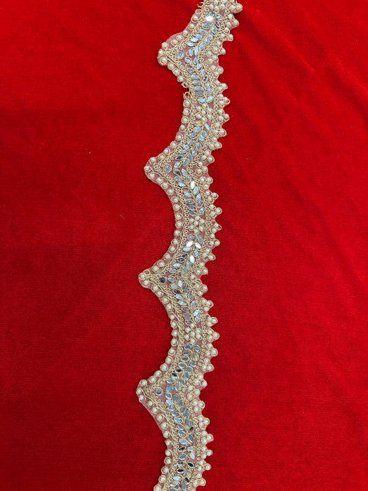 Golden Curvy Net Lace with Mirror, Moti & Embroidery Work | For Saree, Dress, Toran & Festival Décor