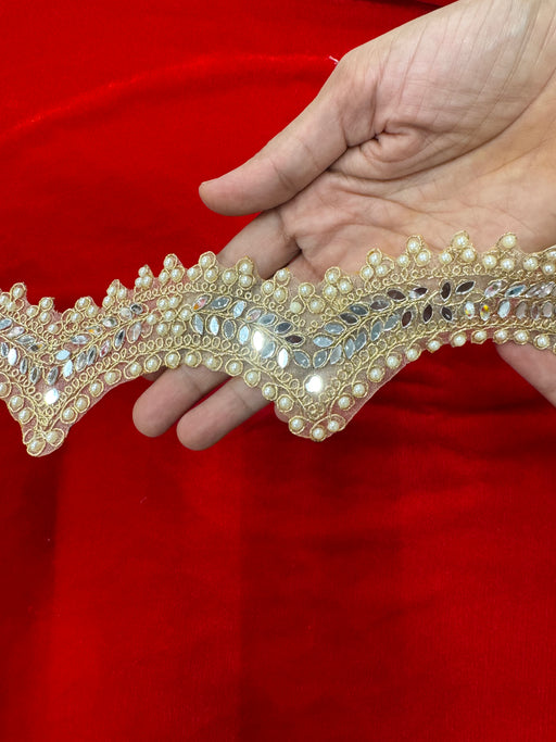 Golden Curvy Net Lace with Mirror, Moti & Embroidery Work | For Saree, Dress, Toran & Festival Décor