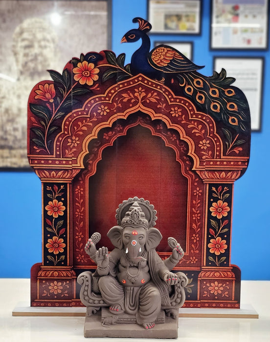 3D Look Foldable Wooden Mandap Backdrop | Peacock & Floral Design | Ganesh Chaturthi, Janmashtami, Durga Pujo, Navratri & Diwali Home Temple Decor