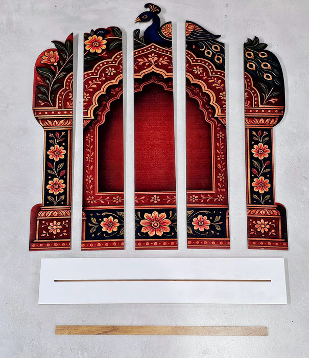 3D Look Foldable Wooden Mandap Backdrop | Peacock & Floral Design | Ganesh Chaturthi, Janmashtami, Durga Pujo, Navratri & Diwali Home Temple Decor