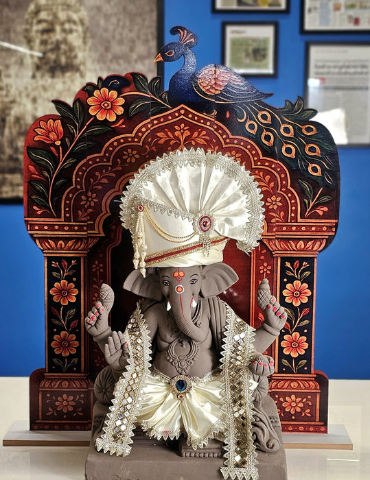 3D Look Foldable Wooden Mandap Backdrop | Peacock & Floral Design | Ganesh Chaturthi, Janmashtami, Durga Pujo, Navratri & Diwali Home Temple Decor