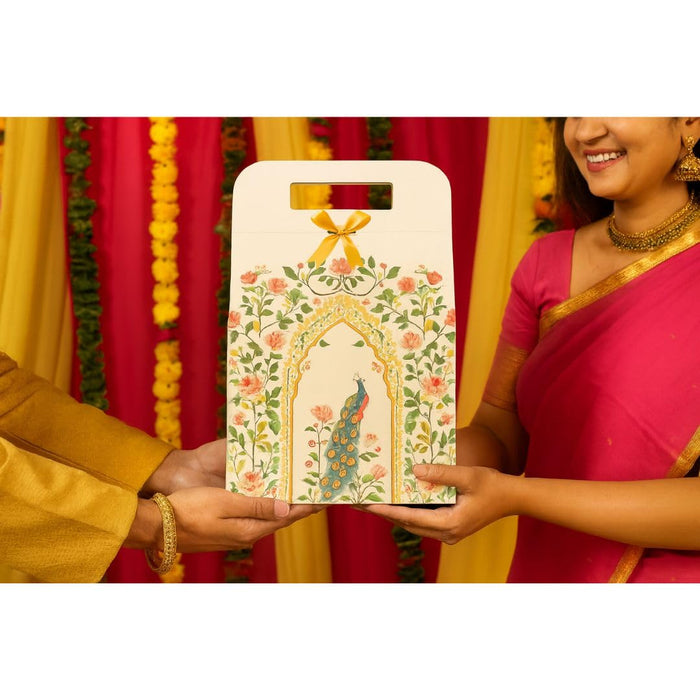 Shahi Dibba Foldable Peacock Hamper Boxes with Ribbon | Premium Gift Packaging for Weddings & Special Occasions