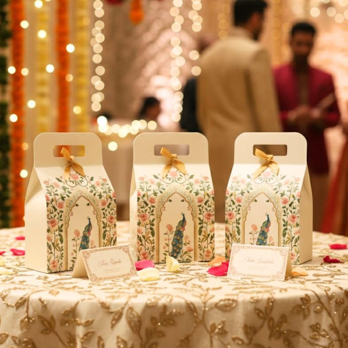 Shahi Dibba Foldable Peacock Hamper Boxes with Ribbon | Premium Gift Packaging for Weddings & Special Occasions