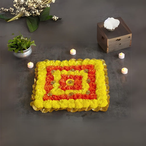 (32 cm) Diameter Artificial genda Marigold Flower Rangoli  square Mats