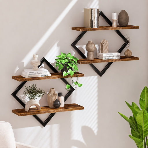 Modern Diamond Shape Wall Shelf Set 2– Wooden & Metal Floating Wall Rack for Home Décor