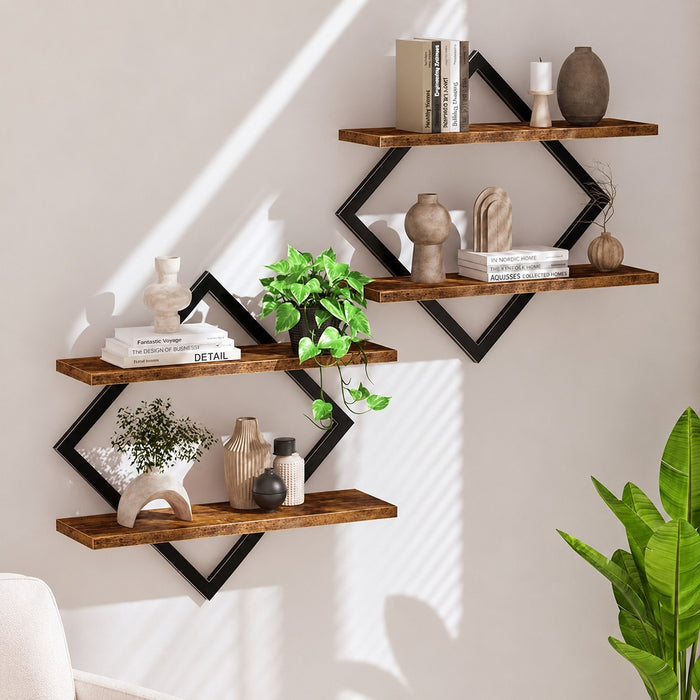 Modern Diamond Shape Wall Shelf Set 2– Wooden & Metal Floating Wall Rack for Home Décor