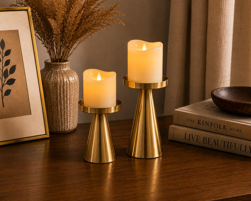 Modern Gold Metal Candle Holder Set – Elegant Decorative Pillar Candle Stand for Table Centerpiece, Living Room & Wedding Décor Pack 1 set of 2pcs (Small, Big )