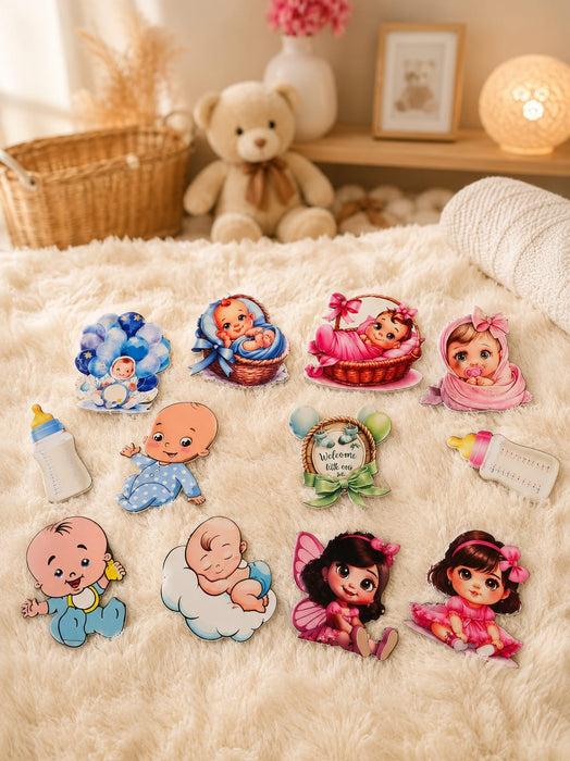 6 Pcs Baby Shower Cutout Set | Baby Boy & Baby Girl Theme Cutouts | Cake Topper & Party Decoration Kit (size 13 cm to 15 cm )