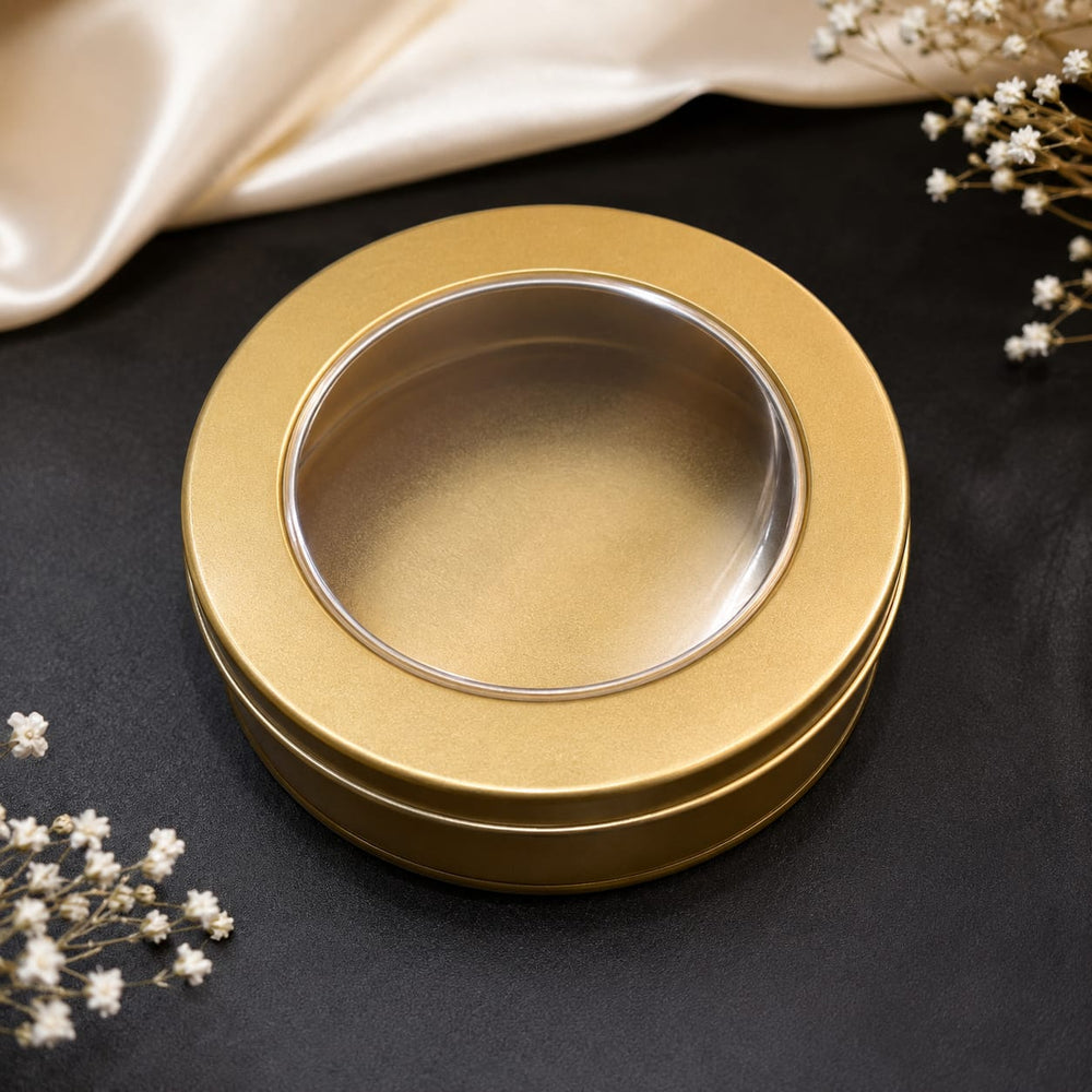 Round Metal Tin Box with Transparent Window Lid | 3.9 × 1.5 Inch | Gift, Rakhi, Cookies, Chocolates & Dry Fruit Packaging
