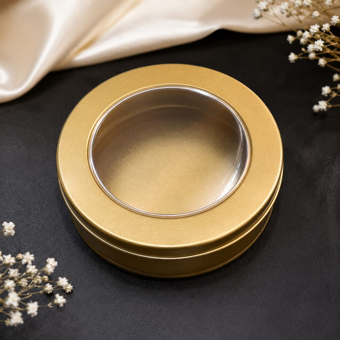 Round Metal Tin Box with Transparent Window Lid | 3.9 × 1.5 Inch | Gift, Rakhi, Cookies, Chocolates & Dry Fruit Packaging