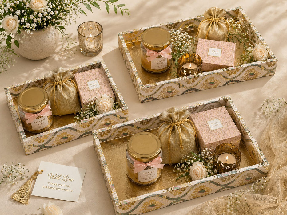 Multipurpose Golden MDF Cardboard Trays – Decorative Hamper & Gifting Packaging Set (9x12, 10x14, 12x16 Inches)