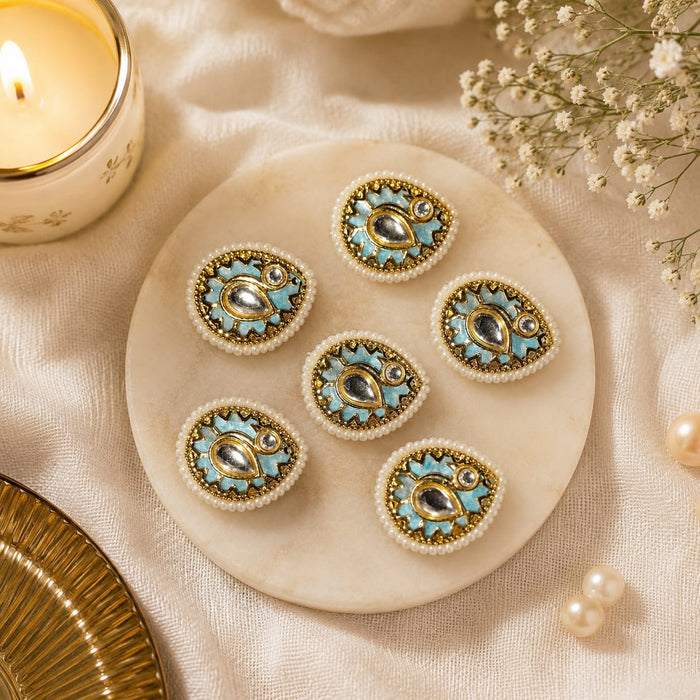6 pcs Rakhi Premium Kundan Pearl Round Embellishment | Decorative Craft Embellishments for Rakhi, Lumba, Gift Packing, Trousseau, DIY Jewelry & Festive Decoration