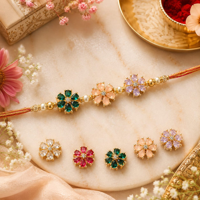 6 Pcs Premium Pearl Kundan Rakhi Charms for Brother |   Traditional Raksha Bandhan Center Piece