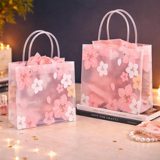 Floral Transparent Gift Bag with Floral Print &  | Gift Bag for Her/Him, hamper bag, Carry Bags, shopping gift bag, Presents, Packing, Wedding Return Gifts, Birthday, Events, Festivals (Pink) (24 cm x 22 cm)