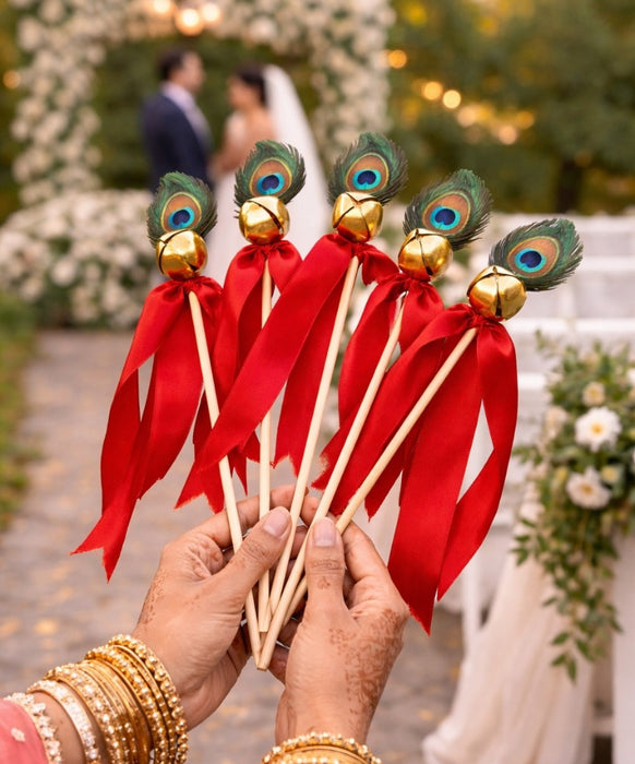Handcrafted Wedding Ghungroo Bell/rattle Stick With Morpankh for Home Mandir Décor, Marriage gungroo,Shadi -Sagai, Engagment,bride entry, aarti,Magal Phera bell, Barati Swagat, Varmala,christmas bell Stick, pooja, puja mandir, gantri, Temple ganti