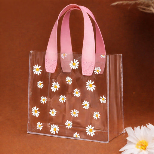 Transparent Gift Bag with Floral Print with Handle | Gift Bag for Her / Him,Handle hamper bagCarry Bags, shopping gift bag, Presents, Packing, Wedding Return Gifts, Birthday, Events, Festivals (17 x 19 cm)