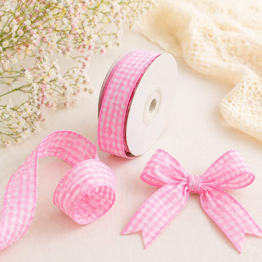 45 Meter Checks Ribbon Roll (Blue, Yellow, Pink) | Decorative Fabric Ribbon for Gift Wrapping, DIY Crafts & Packaging | 45 Meter Roll