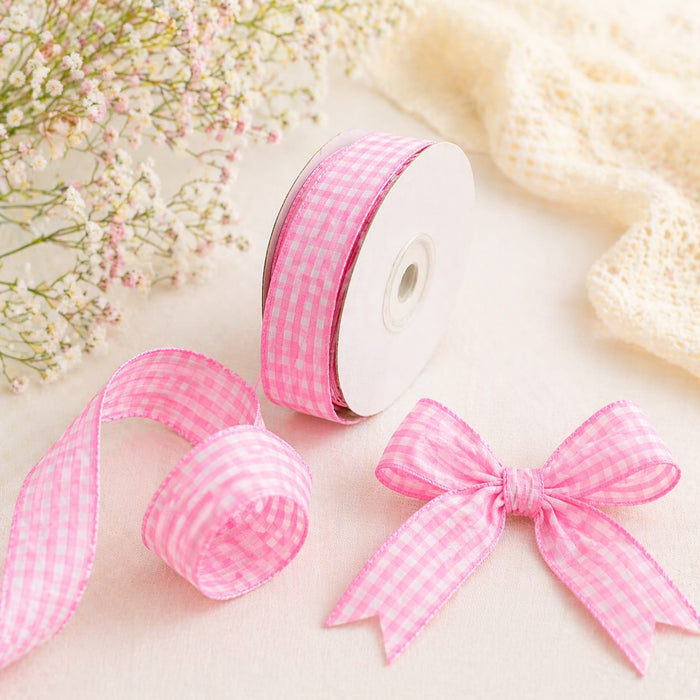 45 Meter Checks Ribbon Roll (Blue, Yellow, Pink) | Decorative Fabric Ribbon for Gift Wrapping, DIY Crafts & Packaging | 45 Meter Roll