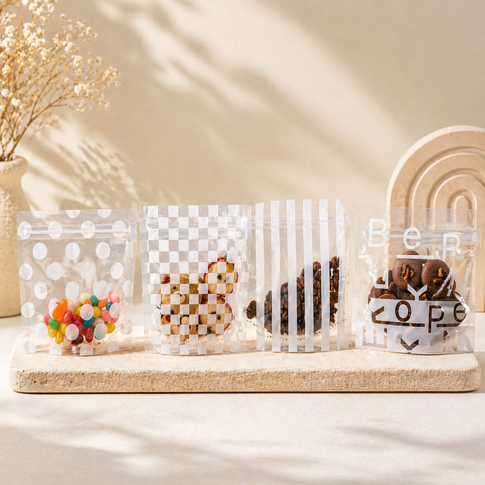 Multi Print Transparent Zip Lock Pouch  (Asthetic Designs) | 13 x 13 cm | Reusable Plastic Packaging for Cookies, Chocolates & Dry Snacks