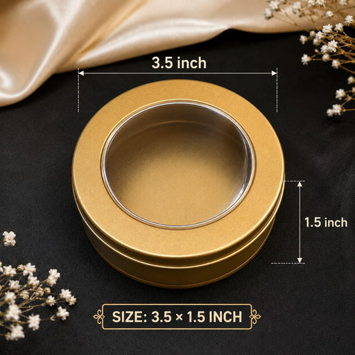 Round Metal Tin Box with Transparent Window Lid | 3.9 × 1.5 Inch | Gift, Rakhi, Cookies, Chocolates & Dry Fruit Packaging