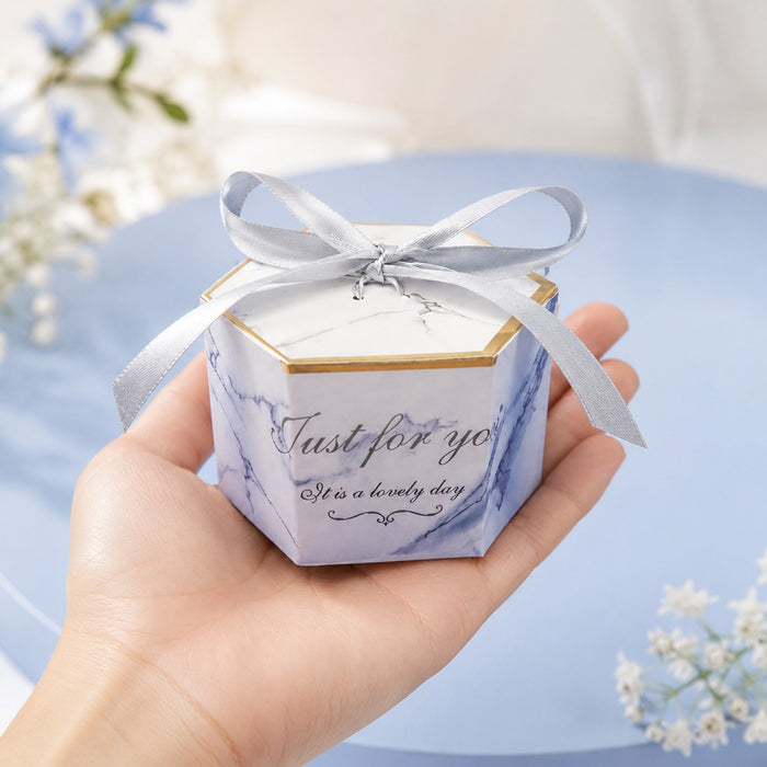 50 Pcs Hexagon Paper Gift Box with Ribbon, Gift Packaging Box for Wedding Return Gifts, Birthday Favours, Chocolate, Dry Fruit, Jewellery, Cosmetics, Baby Shower & Festive Hamper Packing