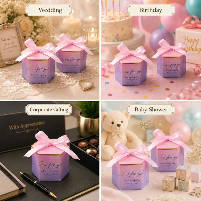 50 Pcs Hexagon Paper Gift Box with Ribbon, Gift Packaging Box for Wedding Return Gifts, Birthday Favours, Chocolate, Dry Fruit, Jewellery, Cosmetics, Baby Shower & Festive Hamper Packing