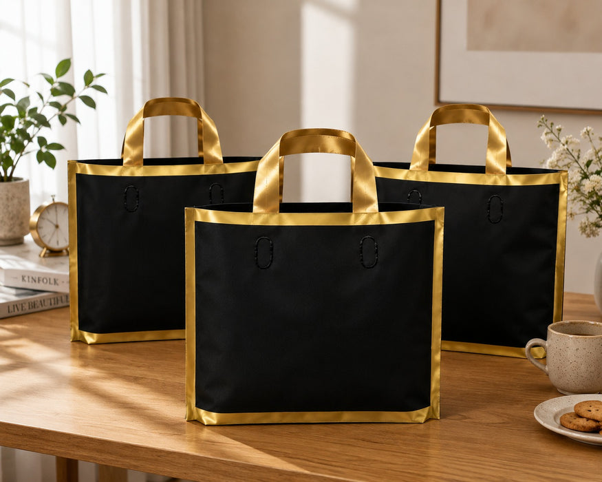 Premium Plastic  Frosted Gift Carry Bag with Handle – Black, White & Green | 35×25×10 cm