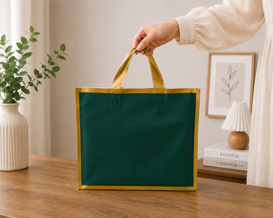 Premium Plastic  Frosted Gift Carry Bag with Handle – Black, White & Green | 35×25×10 cm