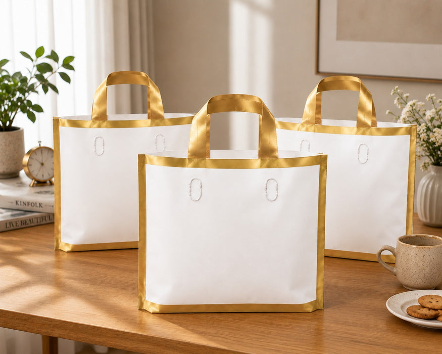 Premium Plastic  Frosted Gift Carry Bag with Handle – Black, White & Green | 35×25×10 cm