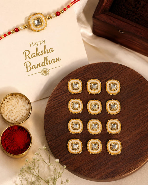 12 Pcs Premium Pearl Kundan Rakhi Charms | Square Mirror Design | DIY Rakhi Making Supplies | Bracelet, Lumba & Craft Decoration