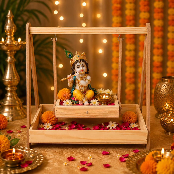 Premium Wooden Folding/Foldable Jhula Swing for ganpati , Baby shower , Balgopal Krishna Janmashtami | Traditional Palna for Laddu Gopal, Kanhaji Pooja, Home Mandir Temple Festival Decoration (Wooden Jhula)