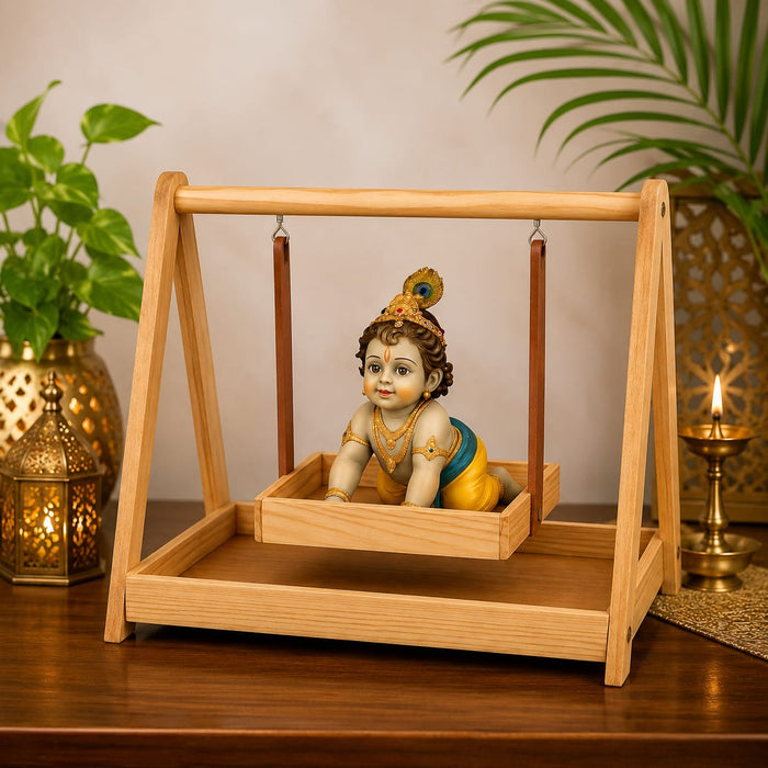 Premium Wooden Folding/Foldable Jhula Swing for ganpati , Baby shower , Balgopal Krishna Janmashtami | Traditional Palna for Laddu Gopal, Kanhaji Pooja, Home Mandir Temple Festival Decoration (Wooden Jhula)
