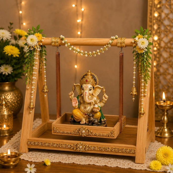 Premium Wooden Folding/Foldable Jhula Swing for ganpati , Baby shower , Balgopal Krishna Janmashtami | Traditional Palna for Laddu Gopal, Kanhaji Pooja, Home Mandir Temple Festival Decoration (Wooden Jhula)