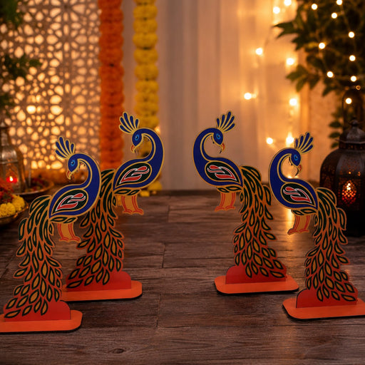 2 Pair (4 Pcs) MDF Peacock Cutout Pair With Stand | Traditional & Premium Decorative Peacock for Janmashtami, Krishna Jhula, Pooja, Festival, Mandir & Home Decoration JSK