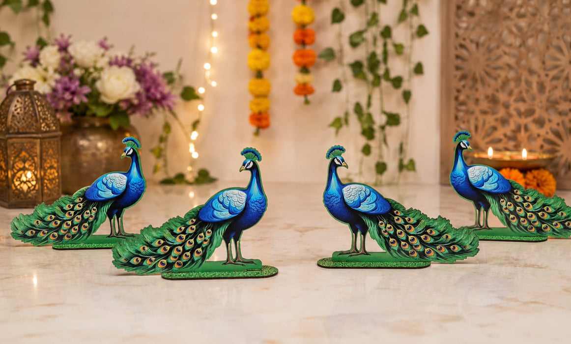 2 Pair (4 Pcs) MDF Peacock Cutout Pair With Stand | Traditional & Premium Decorative Peacock for Janmashtami, Krishna Jhula, Pooja, Festival, Mandir & Home Decoration JSK