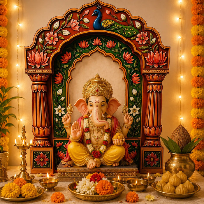 3D Look Foldable Wooden Mandap Backdrop | Peacock & Floral Design | Ganesh Chaturthi, Janmashtami, Durga Pujo, Navratri & Diwali Home Temple Decor