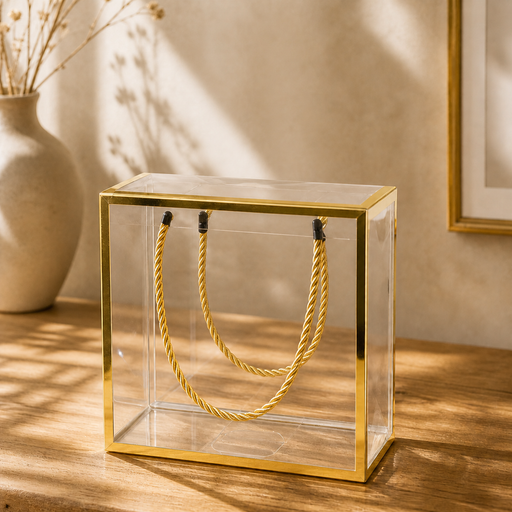 Clear Transparent Gift Box with Frame and Rope Handle for Hampers, Wedding Gifts, Return Gifts, Chocolates, Dry Fruits, Cosmetics, Baby Shower, Festive Gifting & Premium Gift Packaging (14 cm x 14 cm x 7.5 cm)