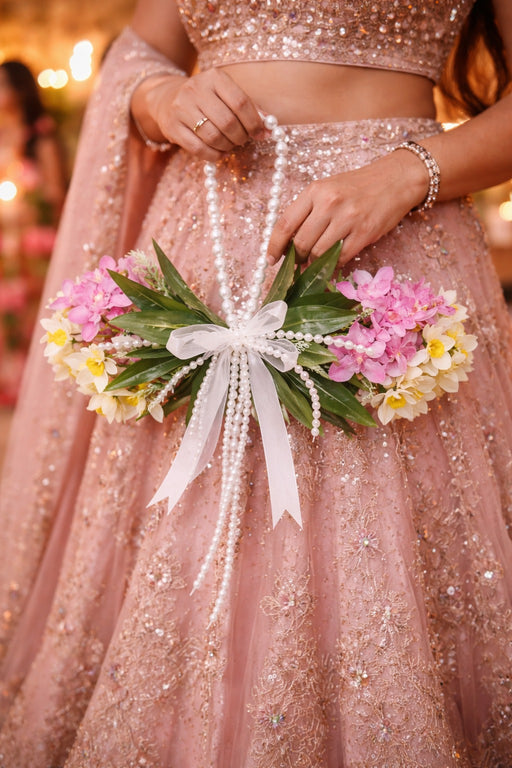 1 Pc Artifical  Flower HandsFree Hand accessories /Bridal Bouquet with Pearl Handle & Ribbon Bow Gift Decorative Favor For Photos hoot  Wedding & Engagement Return Ring Ceremony Baby Shower Photography Use & Party Use(Multicolour) (This is not a purse)