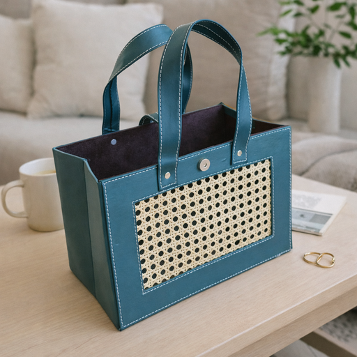 Premium Handcrafted  Purse / Leather Storage Basket with Handle — Multipurpose Organizer for Gifts, Gifting Hampers, Home Décor, Office Storage (12.5 x 7 x 8.5 Inch) (Blue)