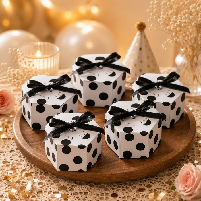 50 Pcs Hexagon Paper Gift Box with Ribbon, Gift Packaging Box for Wedding Return Gifts, Birthday Favours, Chocolate, Dry Fruit, Jewellery, Cosmetics, Baby Shower & Festive Hamper Packing