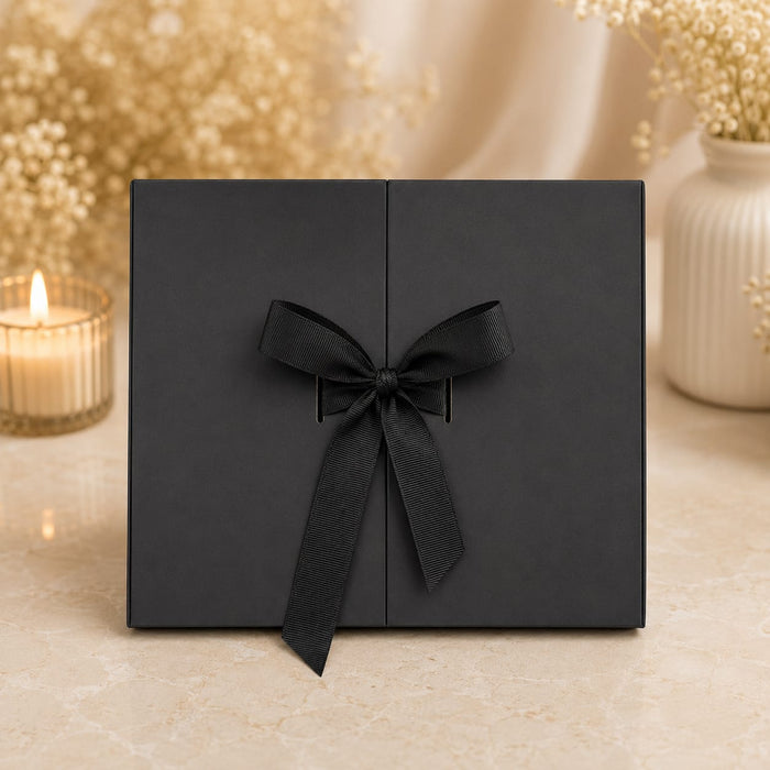 Collapsible Luxury Black Gift Box with Ribbon – Premium Magnetic Packaging Box for Hampers & Gifting