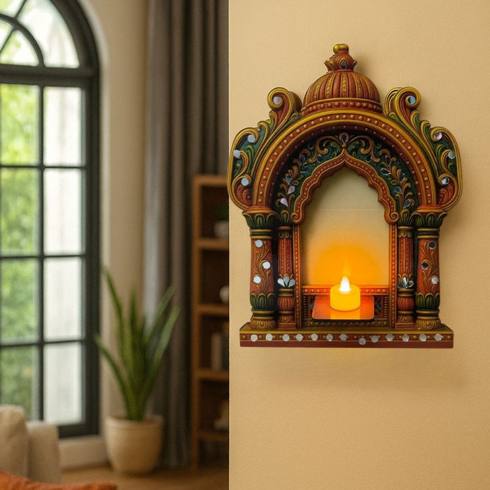 DIY Traditional Jharokha Mirror Kit (No Drill Required) with Free LED Candle & Hook – 2D Wooden MDF Wall Hanging Decor for Home, Mandir, Living Room, Festive Gifting & Decoration Showpiece