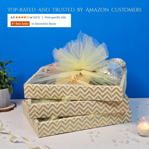 Multipurpose Decorative Gold Folding Paper Box Net Rectangle Cardboard Box with Net DIY Tray for Gift Hamper, Gifting (Cardboard Folding Paper Box),Room Hamper,Wedding Hamper (Golden)