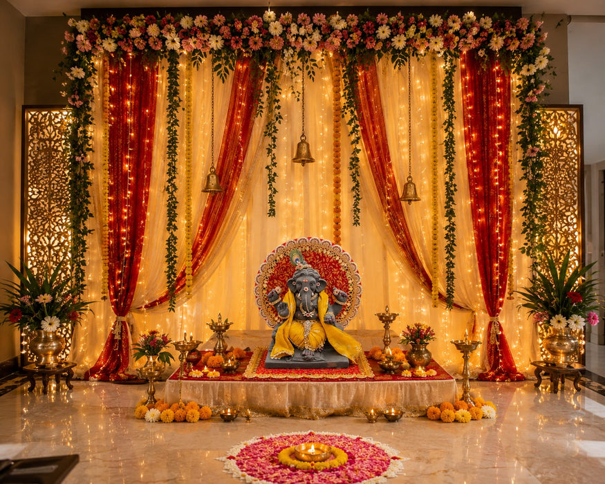 Premium Ganpati & Kanha Ji Singhasan Backdrop Mandap Set | Red Gold Finish Mirror Lace |Made In India | Pooja Festival Decoration