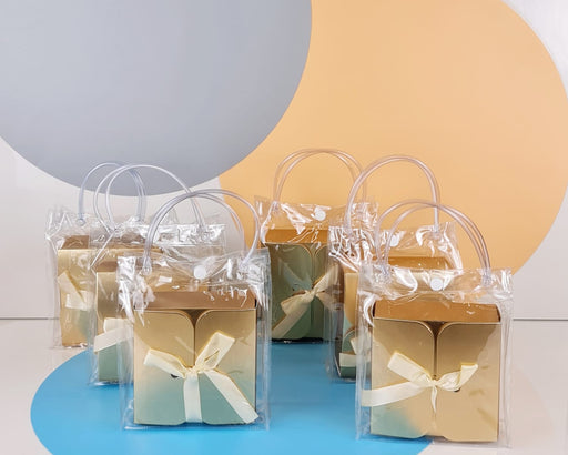 Transparent Bag With Folding Golden Box For Event, Return Gift in Party, Birthday,Gift Boxes with Ribbon, Perfect for Packing Chocolate, Dry Fruits For Gifting.