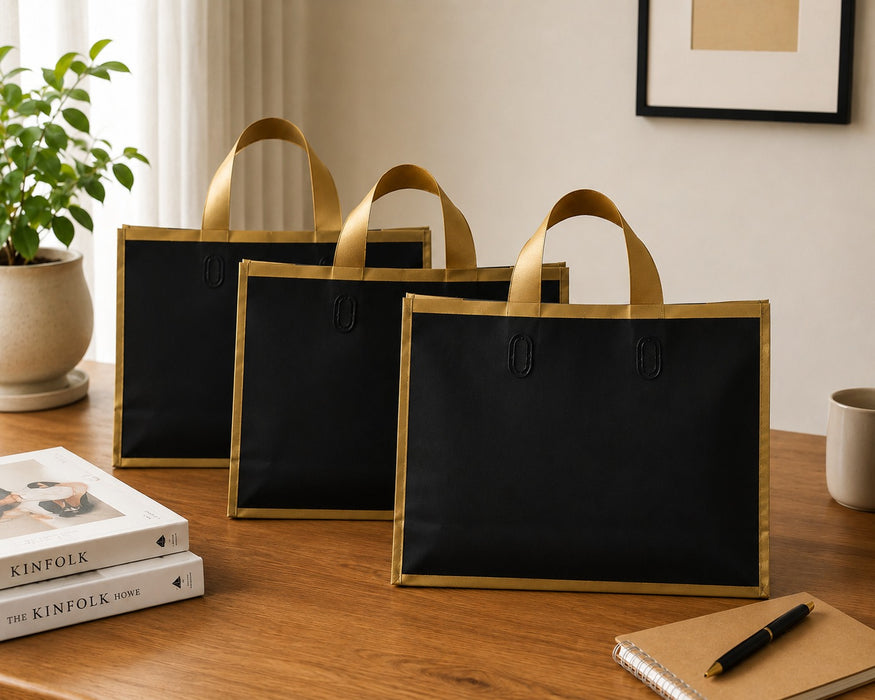 Premium Plastic  Frosted Gift Carry Bag with Handle – Black, White & Green | 35×25×10 cm