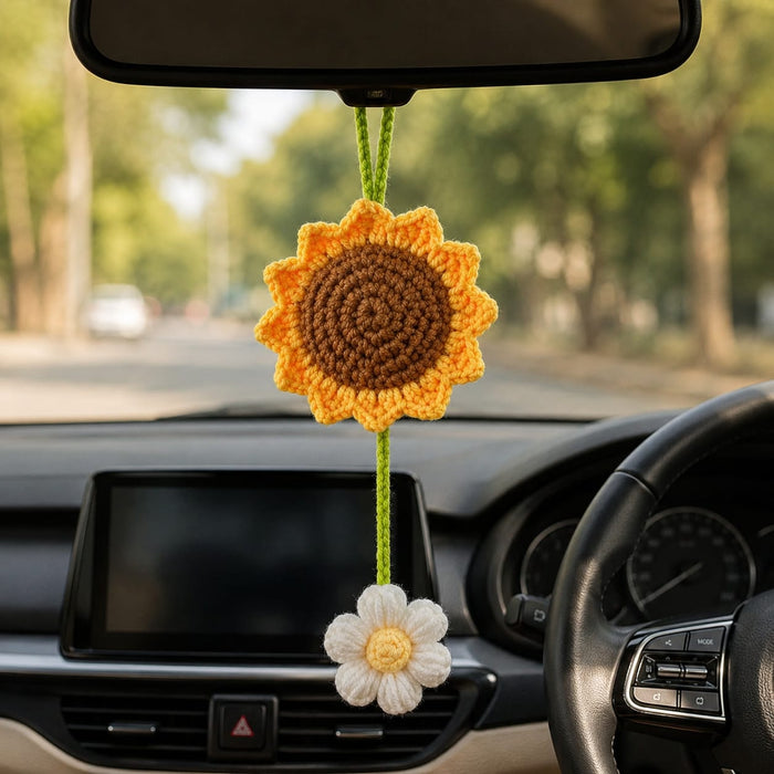 2 Pcs Artificial Sunflower Crochet Hanging Ornament for Home Decor | Handmade Sunflower Car Mirror Hanging Accessory | Crochet Flower Car Dashboard Decoration | Home, Window, Door