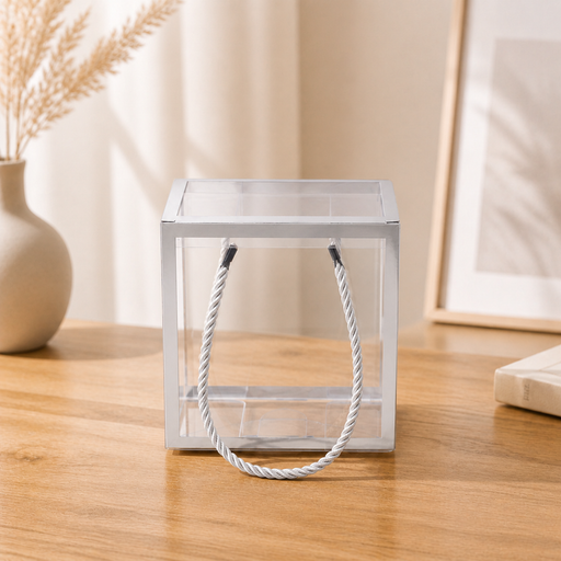 Clear Transparent Gift Box with Frame and Rope Handle for Hampers, Wedding Gifts, Return Gifts, Chocolates, Dry Fruits, Cosmetics, Baby Shower, Festive Gifting & Premium Gift Packaging (12 cm x 12 cm x 12 cm)