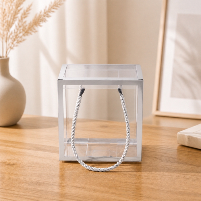 Clear Transparent Gift Box with Frame and Rope Handle for Hampers, Wedding Gifts, Return Gifts, Chocolates, Dry Fruits, Cosmetics, Baby Shower, Festive Gifting & Premium Gift Packaging (12 cm x 12 cm x 12 cm)
