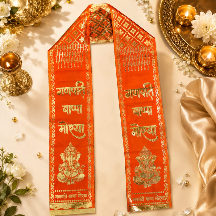 Ganpati Bappa Morya Khes  | Devotional Printed Puja Stole | 66 × 6 Inch | Ganesh Festival, Visarjan, Bhajan